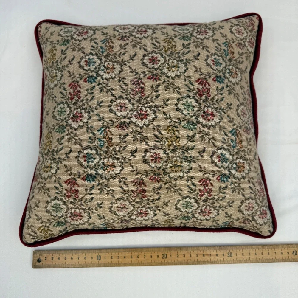Vintage Floral Tapestry Throw Pillow Burgundy Velvet Piping Square Accent 15x15